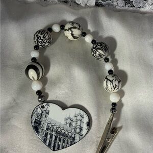 Beaded Hair Clip/Clip On Black and White Heart.